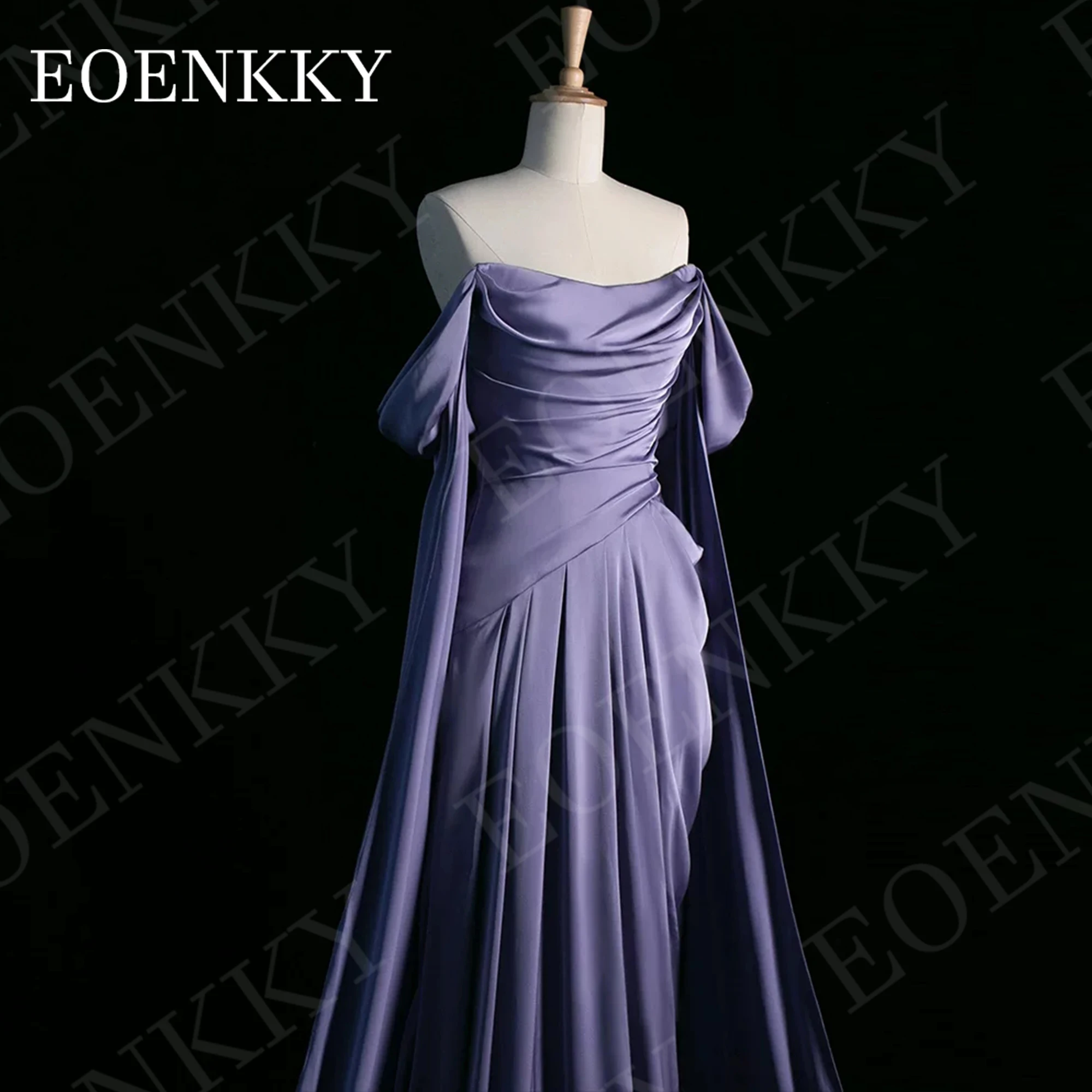 EOENKKY Saudi Arabia Evening Dress Maxi فستان سهرة نسائي Off Shoulder A Line Satin Pleats Formal Occasion Dresses Shawl Sleeves