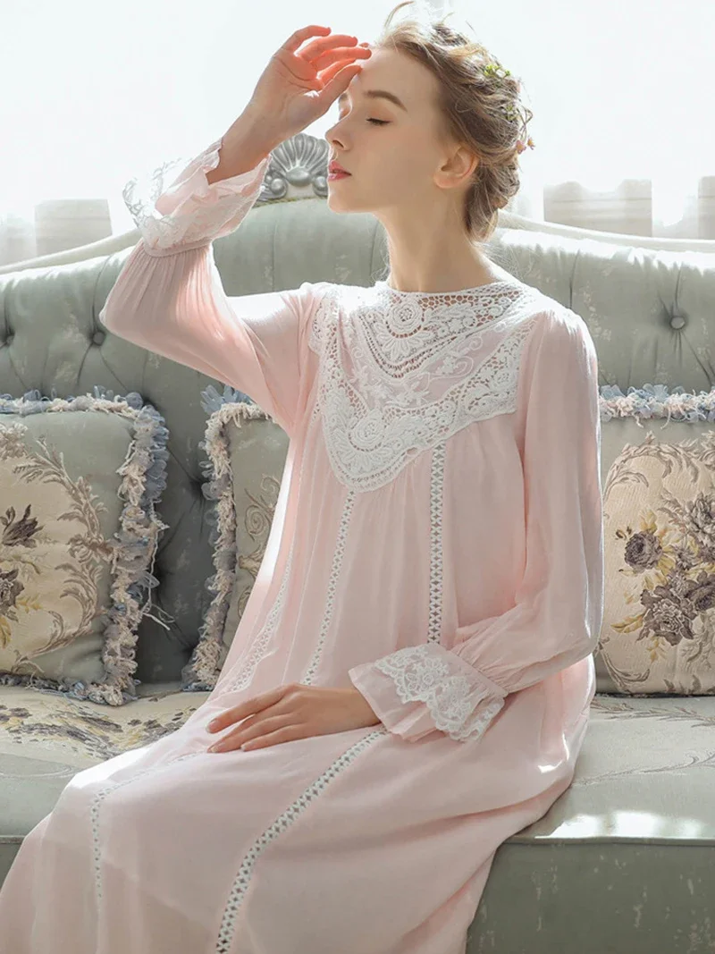 Women Pure Cotton Ruffles V-Neck Vintage Nightgown Robe Long Dress Victorian Romantic Princess Sleepwear Nightdress Home Clothes