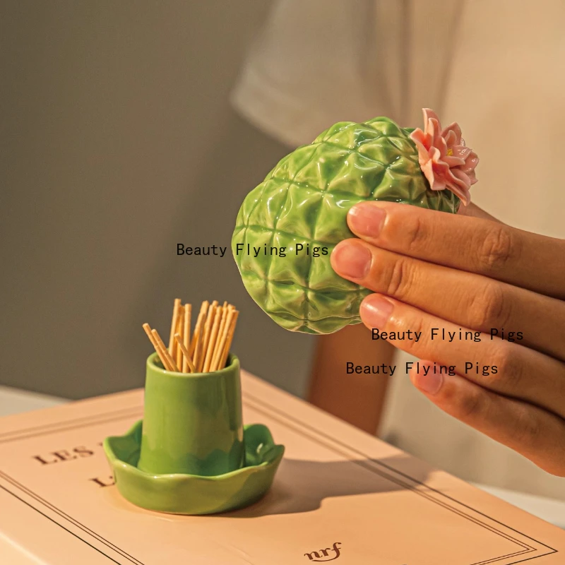 1pc Ceramic Cactus Toothpick Jar Living Room Dining Table Decoration Ornaments Moisture Proof Toothpick Jar Dental Floss Box view 3