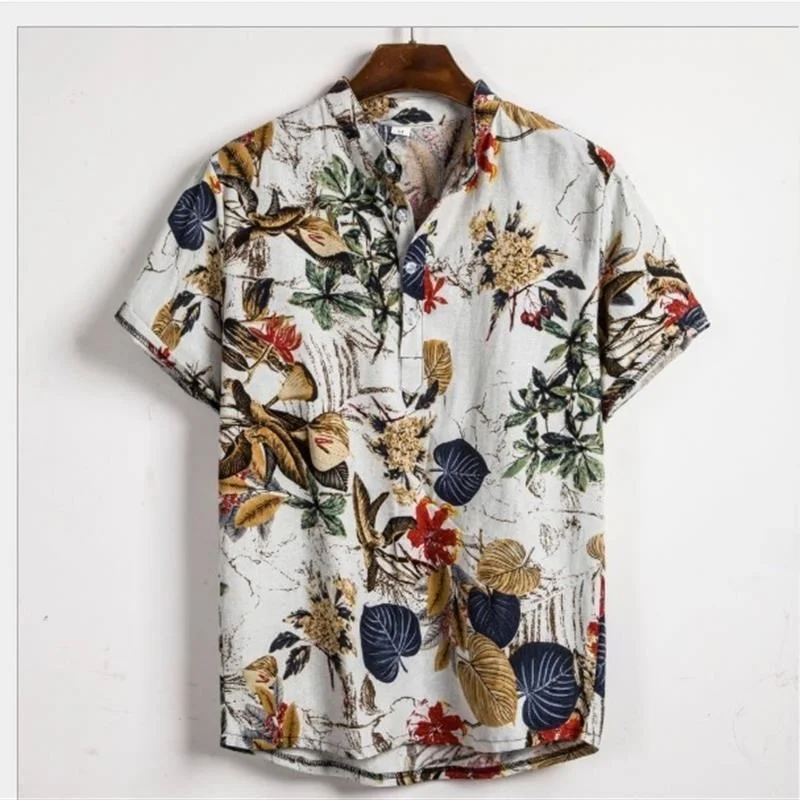 

Summer Men's T-irts Stand Fit Long Velvet Cotton Youth Faion ort Sve Plant Floral Print Casual Wear ort Sve ...