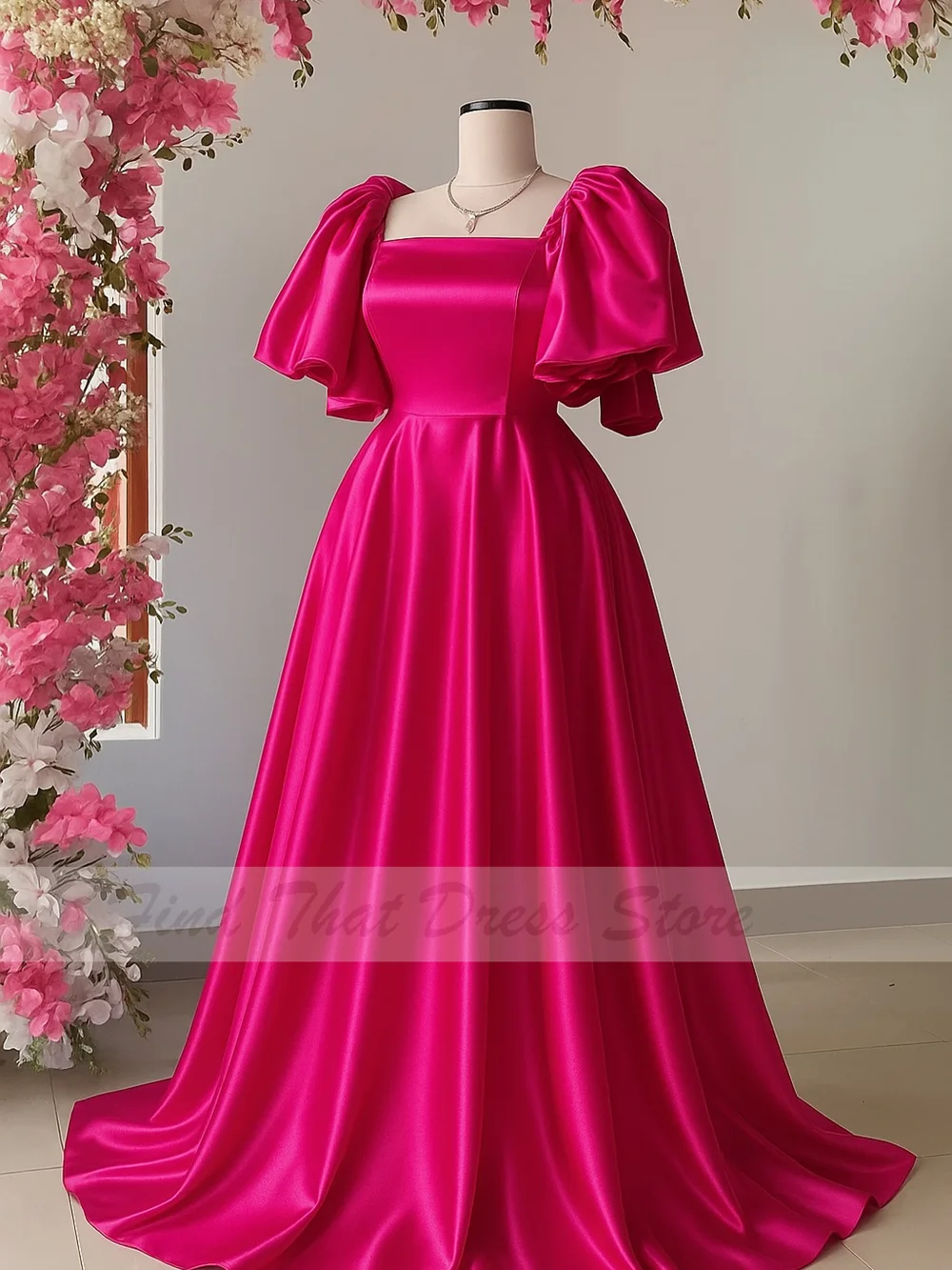 Custom Made Square Collar Satin High Quality Classic Evening Dress with Short Sleeve Backless Draped Floor Length Prom Party