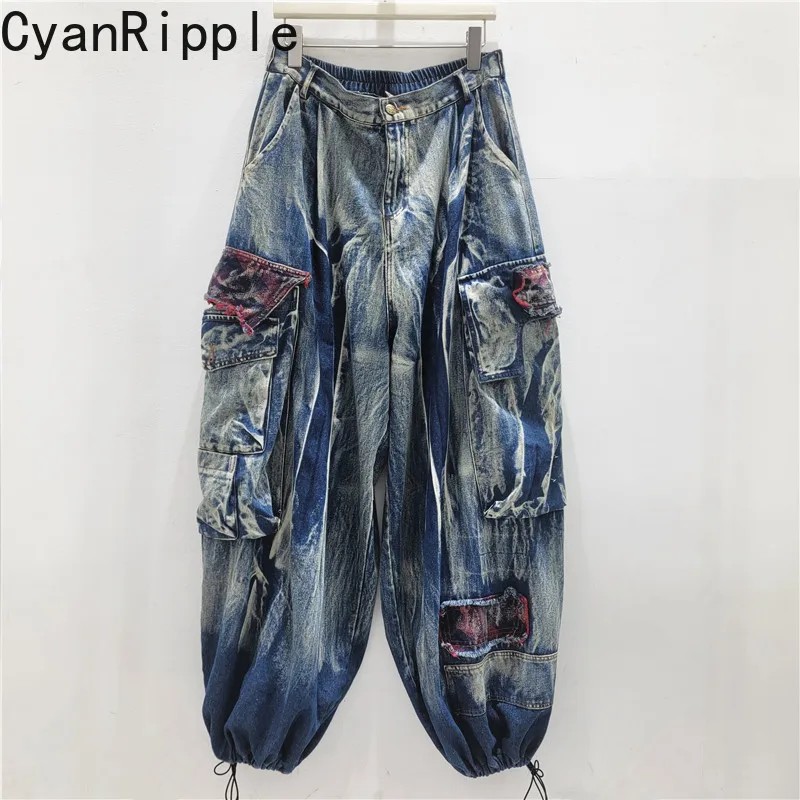 

Personalized Trendy Cool Cargo Pants Multi Pockets Casual Harem Denim Pants All-match Spring Summer Straight Wide Leg Jeans