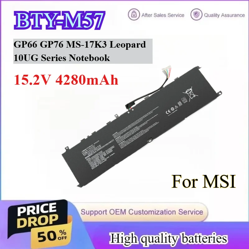 

New BTY-M57 15.2V 4280mAh Laptop Battery For MSI GP66 GP76 MS-17K3 17K2 Leopard 10UG Series Notebook 64Wh