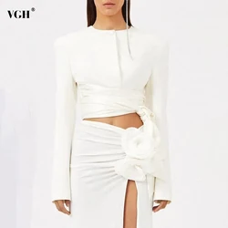 VGH Solid Slimming Spliced Button Coat For Women Round Neck Long Sleeve Patchwork Lace Up Minimalist Coats Female Fashion New