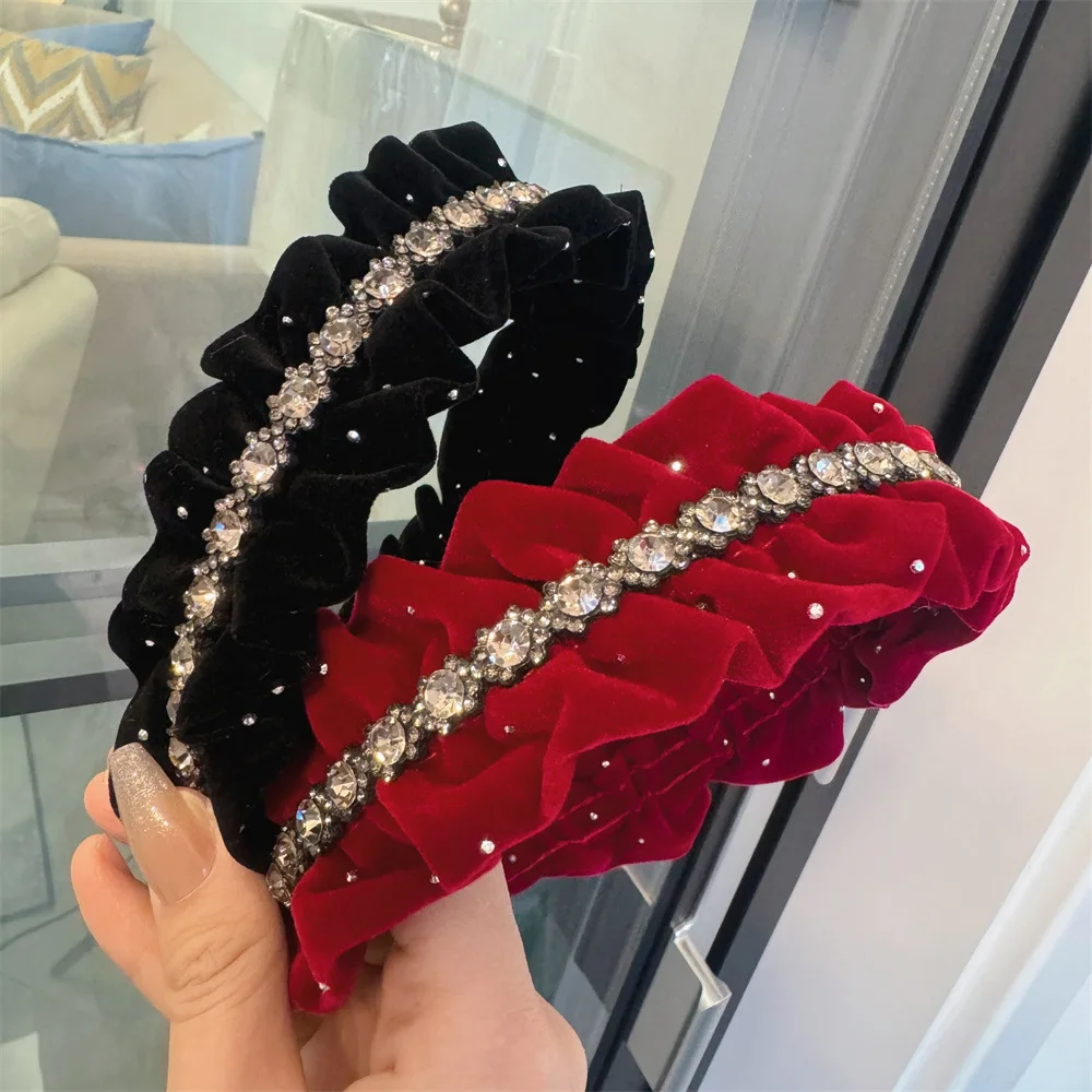 French Elegant Rhinestone Pleated Gold Velvet Headband with A High-end Feel and Temperament Water Drill Headband