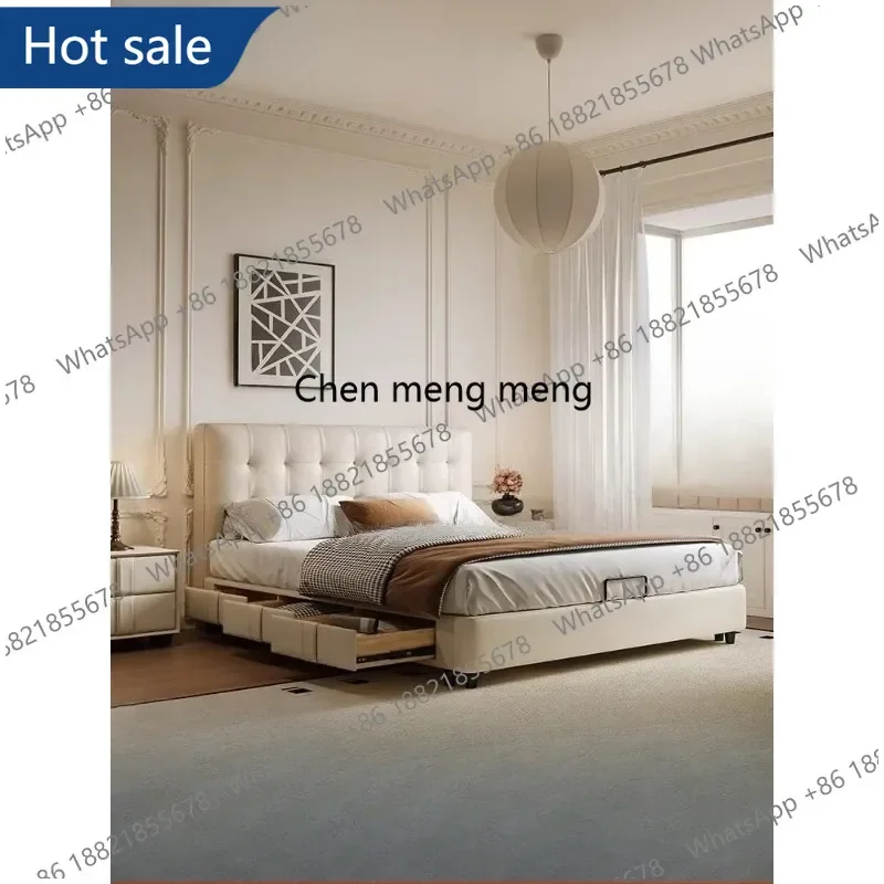 French cream wind small apartment master bedroom double bed retro wind storage leather bed