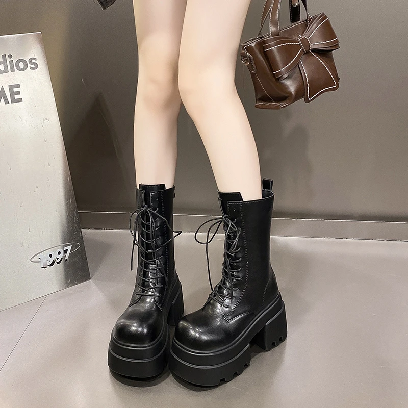 

Роскошные осенние женские ботильоны на высокой платформе, зимние мотоциклетные ботинки на толстой подошве, короткие кожаные кроссовки на массивном металлическом каблуке