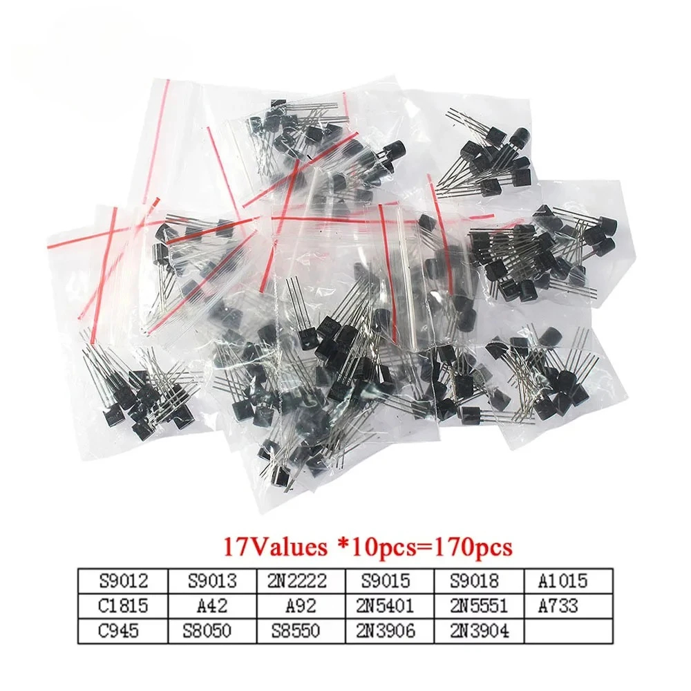 170pcs TO-92 NPN PNP Transistors Kit S9012 S9013 2N2222 S9015 S9018 A1015 C1815 A42 A92 2N5401 2N5551 A733 C945 S8050 17Values