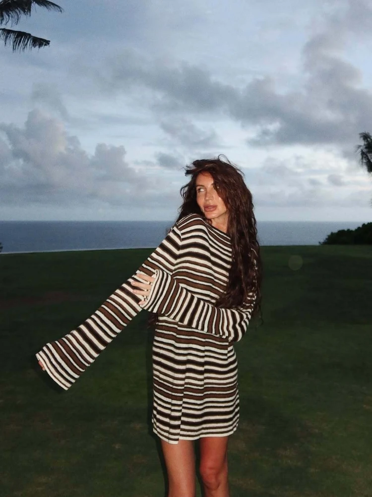 

Elsa n Casual Knitted Wool T-irt Dr Beachwear Hollow out Stripe Long Sve Women's Faion Moisture ng