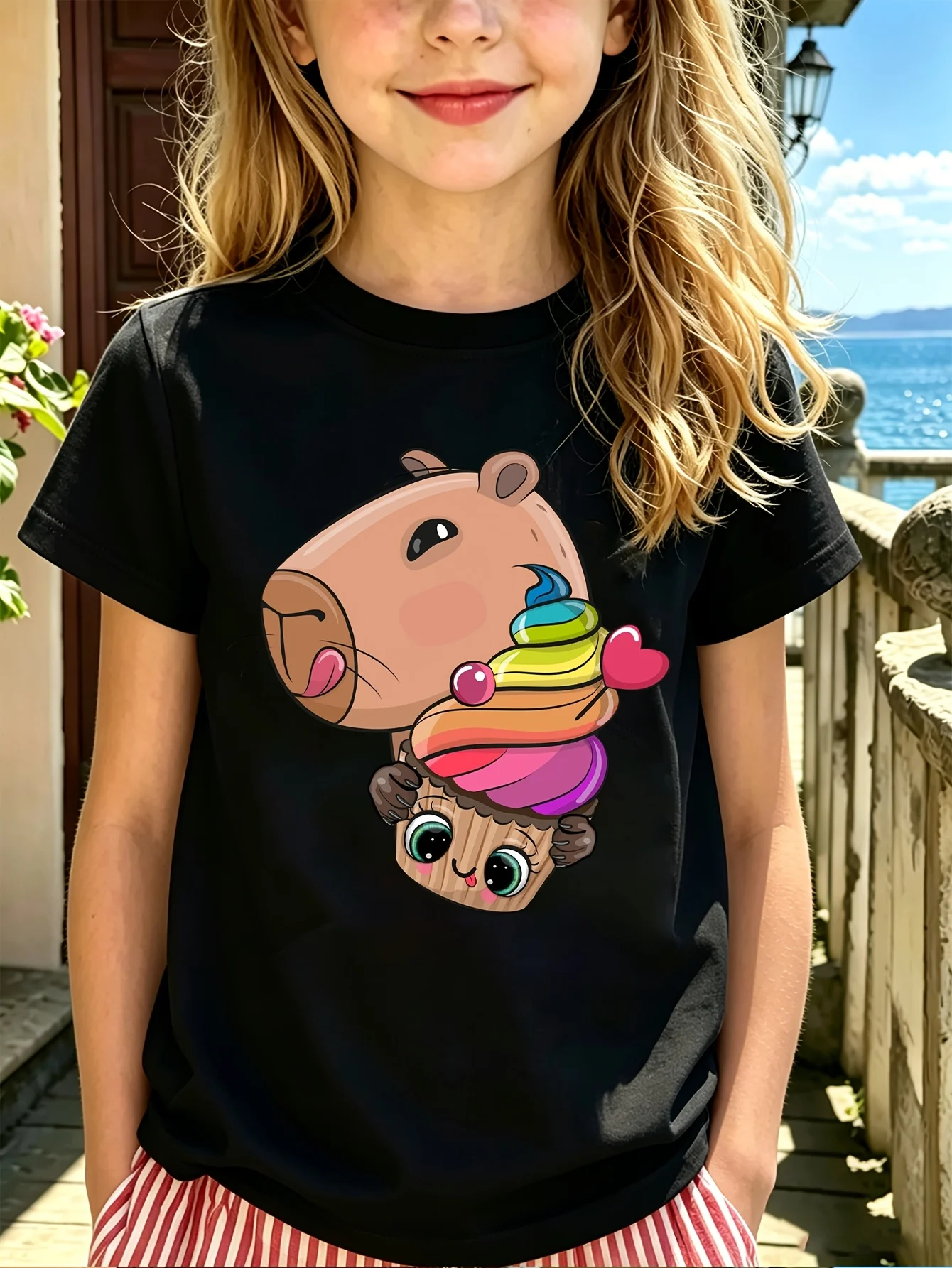 Capybara Cupcake Kids Tee Rainbow Ice Cream Cartoon Graphic Print Boys Girls Family Matching Cotton Short Sleeve Children Tshirt