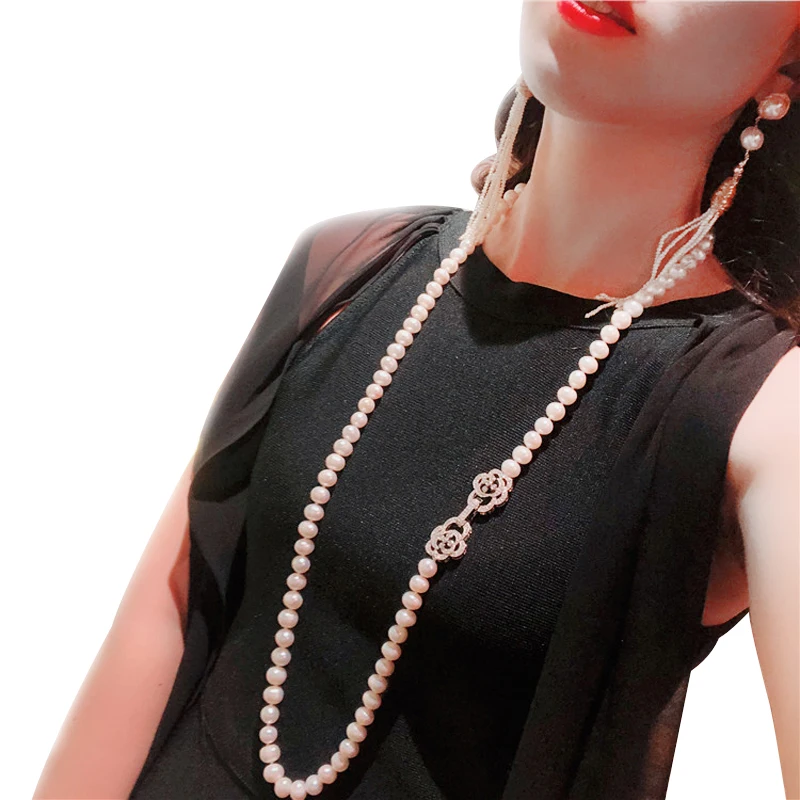 

Trendy Real Natural Long Pearl Necklace Women,Wedding White Freshwater Round Pearl Necklace Wife Mother Party Gifts