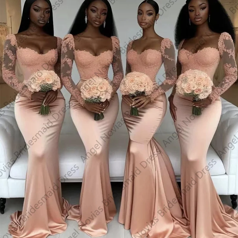 

Customized Long Sleeve Peach Bridesmaid Dresses Mermaid Maid Of Honor Wedding Party Dress robe demoiselle d honneur femme