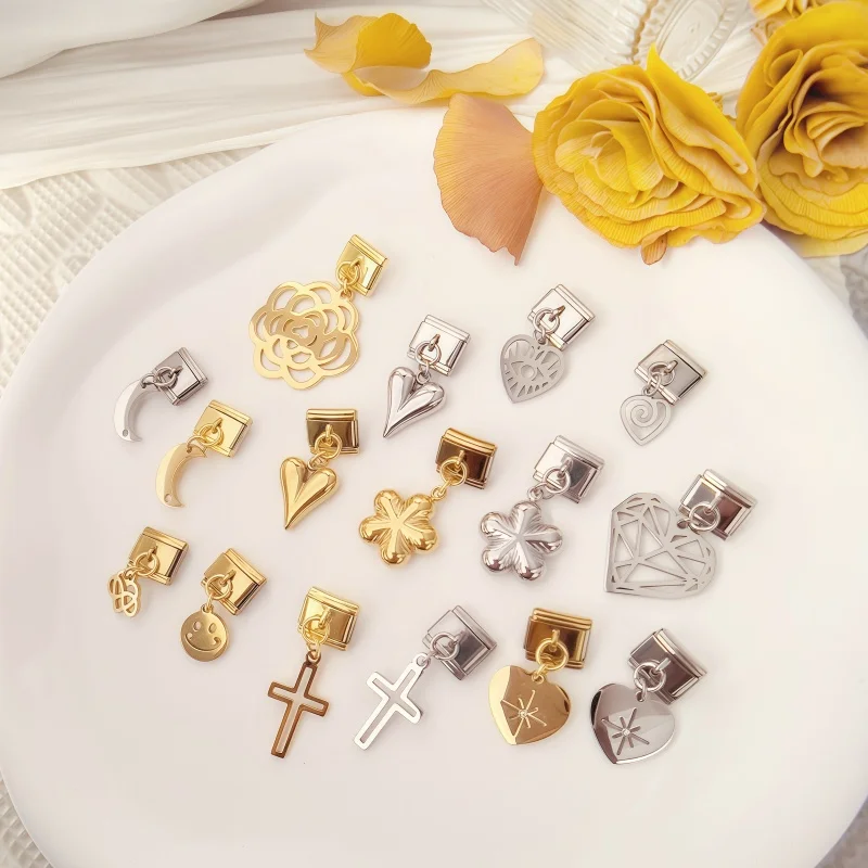 

New Rose Love Cross Flower Moon Italian Charm Fit 9mm Nomination Link Bracelet Chain Stainless Steel Pendant Module DIY Jewelry