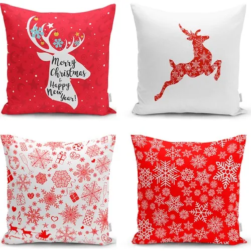 

Real Homes Realhomes Red White Christmas Deer and Snow Grains 4'lü Cushion Pillow decorate Case