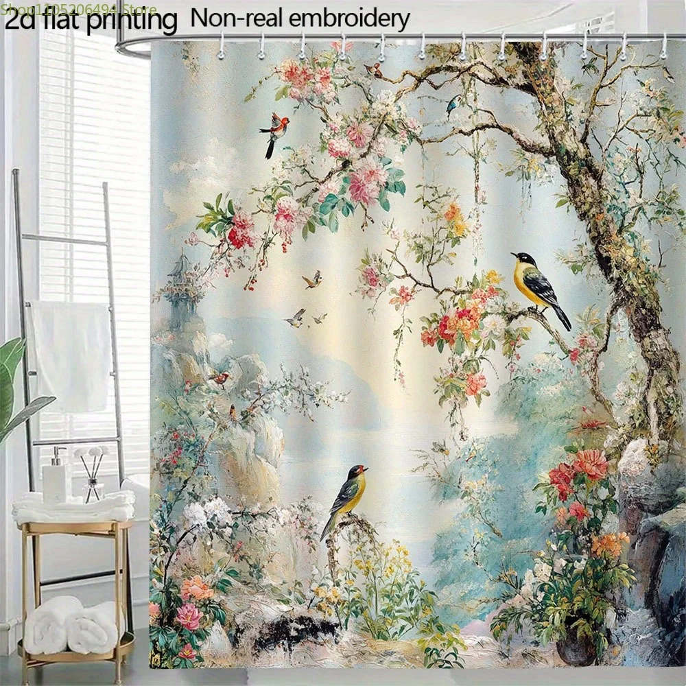 

1pc Chinese Style Oriental Floral Paradise with Birds Shower Curtain - 70.8x70.8 Inch High Quality Polyester Bathroom Curtain,