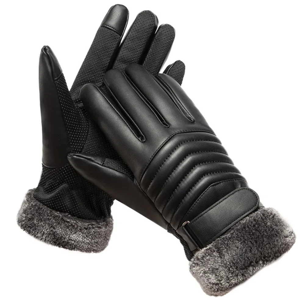 Gloves Winter MEN\'S Fur Mouth Plush Insulation Gloves Outdoor Cycling Motorcycle PU Touch Screen Cotton Gloves