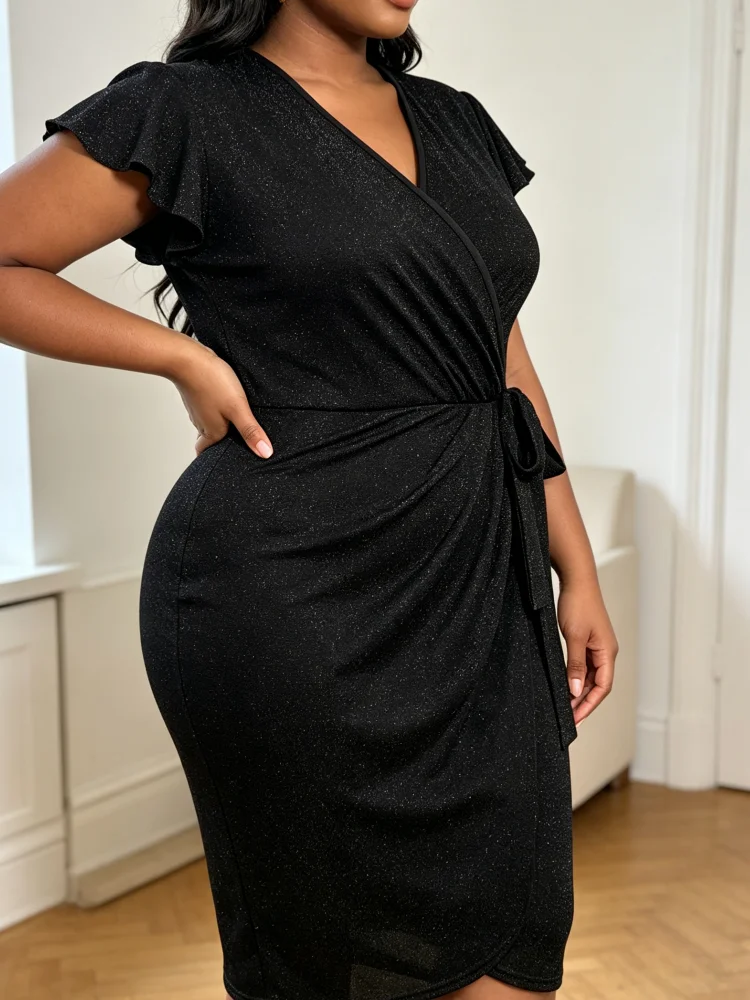 Plus Size Wrap Dress Women V Neck Ruffle Cap Sleeve Glitter Fabric Tie Waist Midi Bodycon Dress Elegant Evening Party Club Outfi