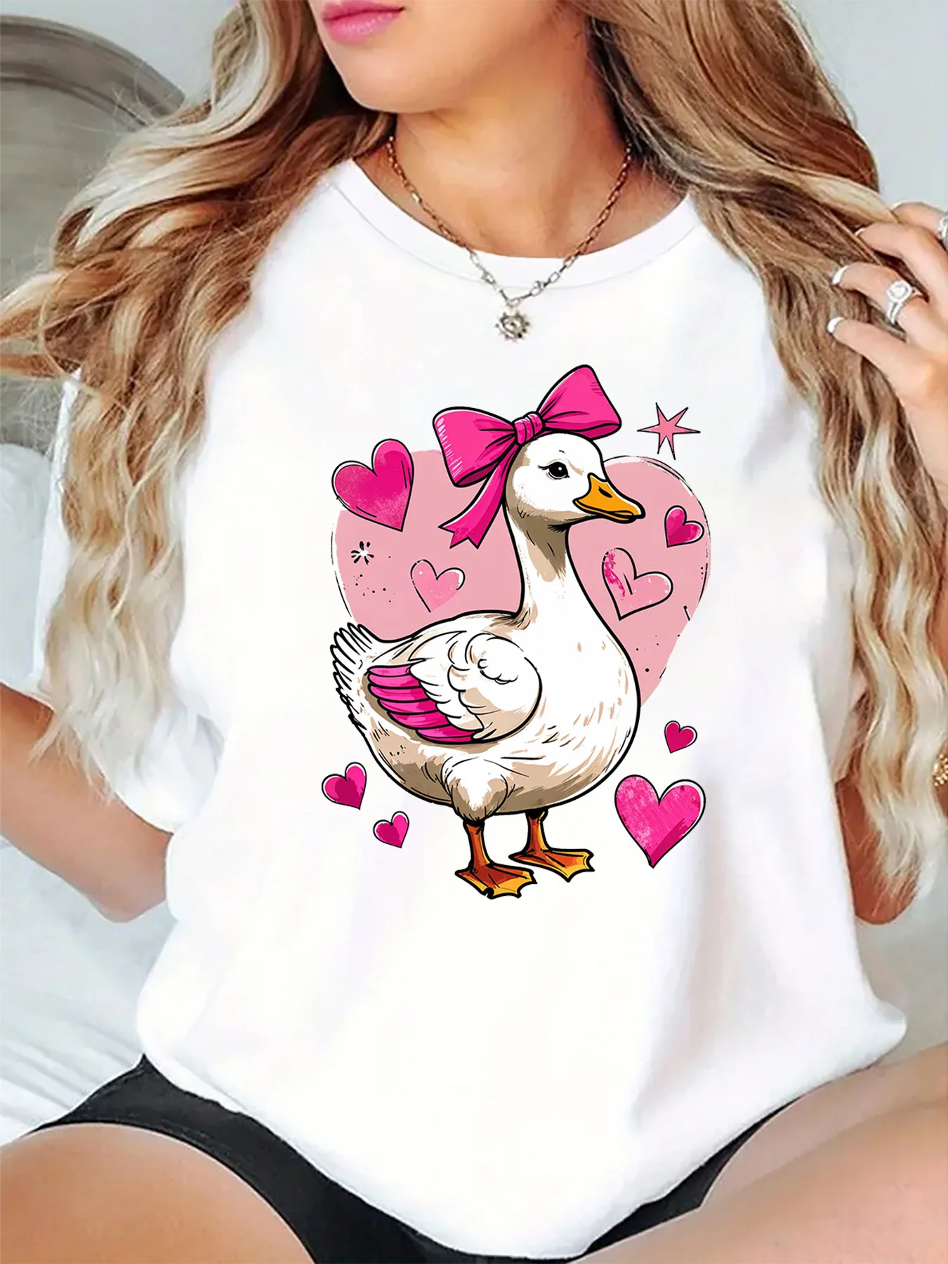 Womens O Neck Short Sleeve T Shirt Cute White Duck With Pink Bow Lovely Heart Retro Cartoon Graphic Casual Daily Ladies Tops