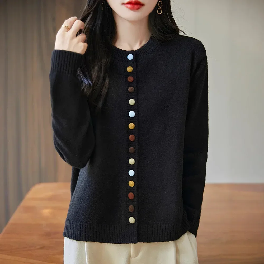 

Женский вязаный кардиган, свитер, повседневный, приятный для кожи, флисовый винтажный свободный крой, с длинными рукавами и круглым вырезом, осенне-зимняя верхняя одежда