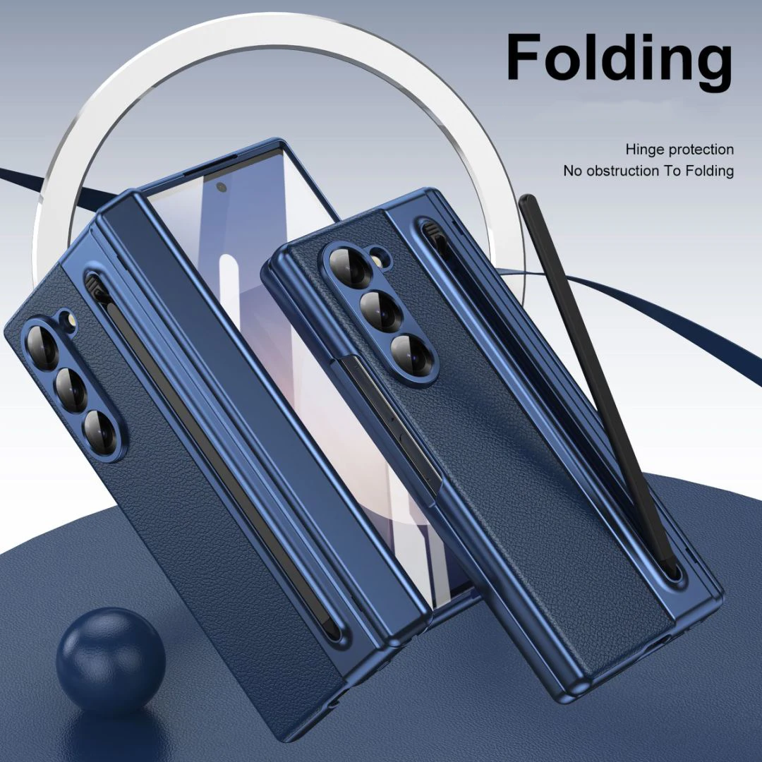 S Pen Handyhülle für Galaxy Z Fold6 Fold7, Scharnierschutz und integrierter Displayschutz, Leder-Handyhülle für Fold4 Fold5 Fold3