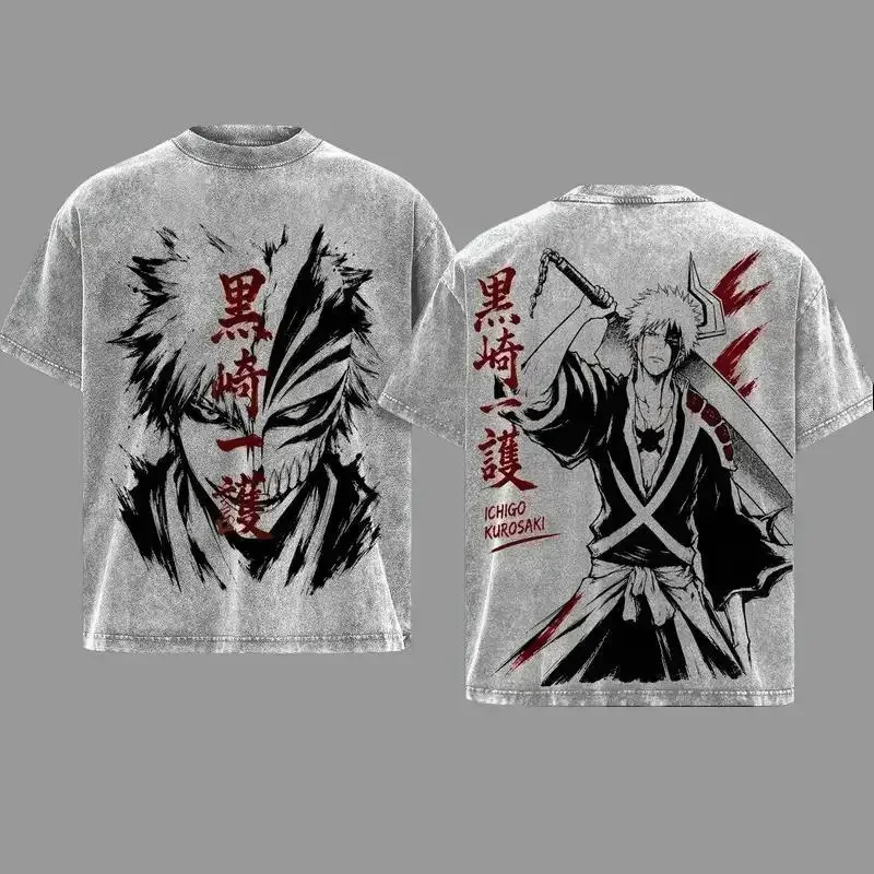 BLEACH Kurosaki Ichigo Manga T-shirt Men Clothing Vintage Washed Oversized T Shirt Summer Casual High Quality Cotton Tee Clothes
