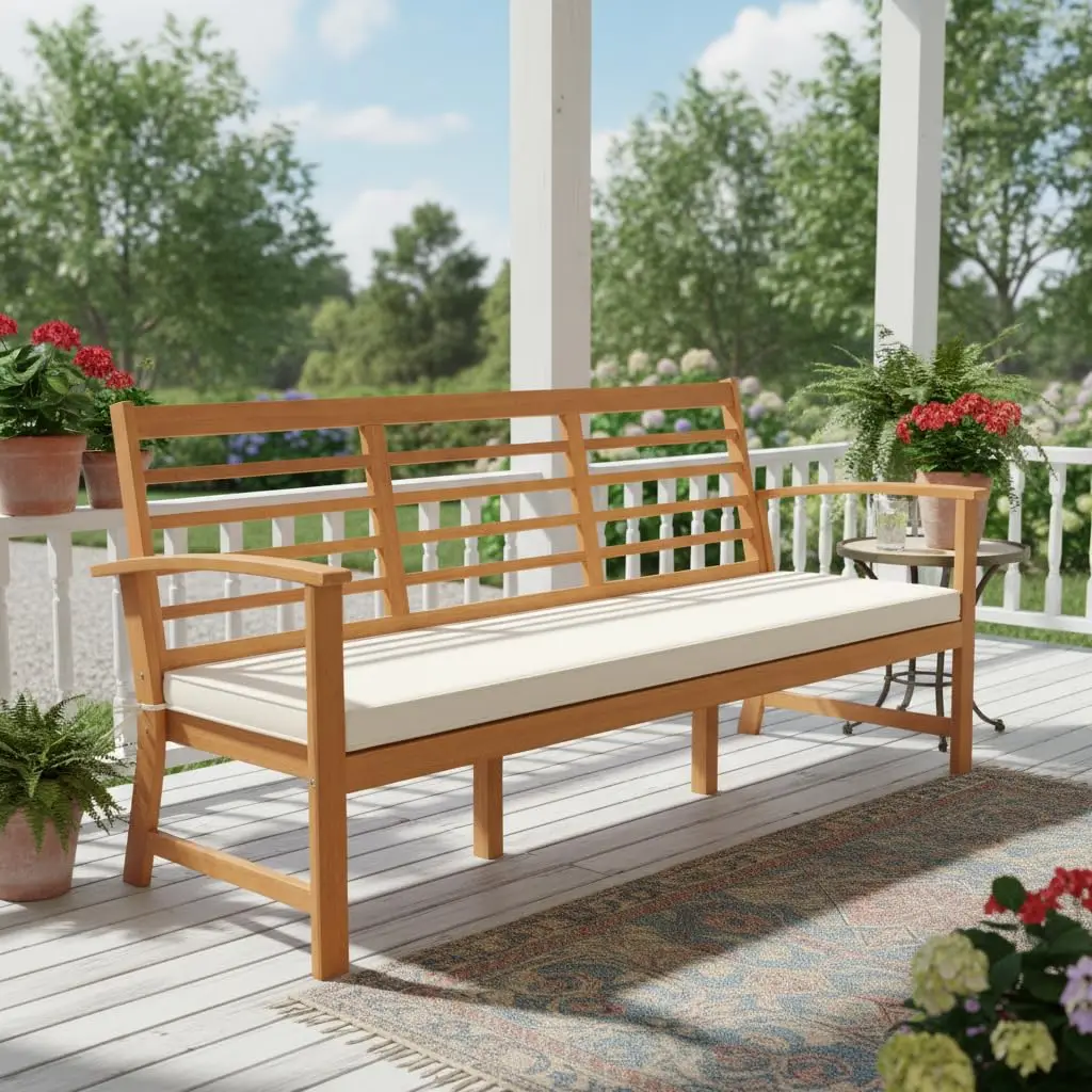 64 Inch Patio Acacia Wood Bench, 3-Seat Extra Long Chair with Cushion, Slatted Seat & Backrest, 3-Person Outdoor, Customized