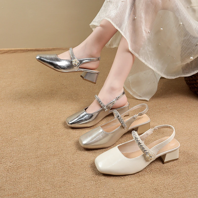 

Новинка 2023 года, женские босоножки с закрытым носком на массивном каблуке, летняя уличная одежда, элегантная обувь Мэри Джейн со стразами, универсальная повседневная женская обувь