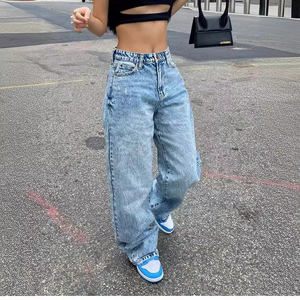 Casual Women Jeans Straight Pants Denim Vintage Loose Fit Pockets Basics Full Length Pants Solid Color Slight Strech Jean 2025