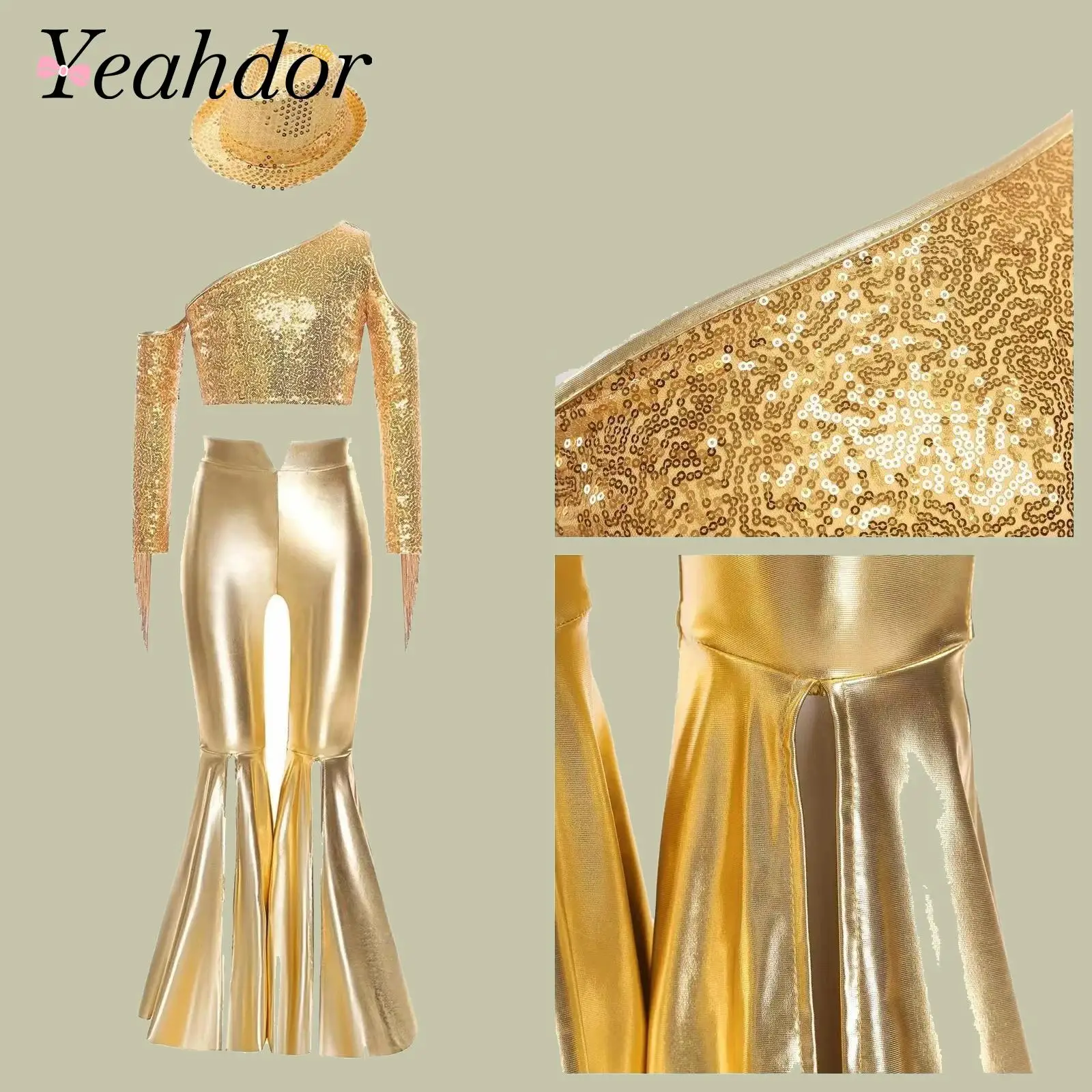 Metallic 70S Disco Outfits for Girl Vintage Hippie Costume Kids One Sleeve Sequins Jazz Dancewear Crop Top And Bell Bottom Pants
