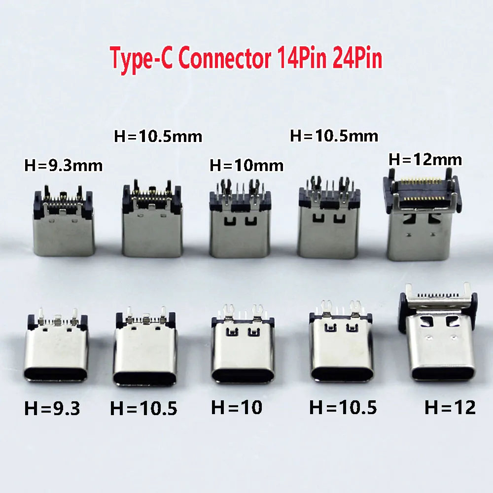 1-10Pcs USB 3.1 Type C Connector 14Pin 24Pin Female Socket 4Pin Direct Insertion Vertical Patch SMT PCB Board Charging Port