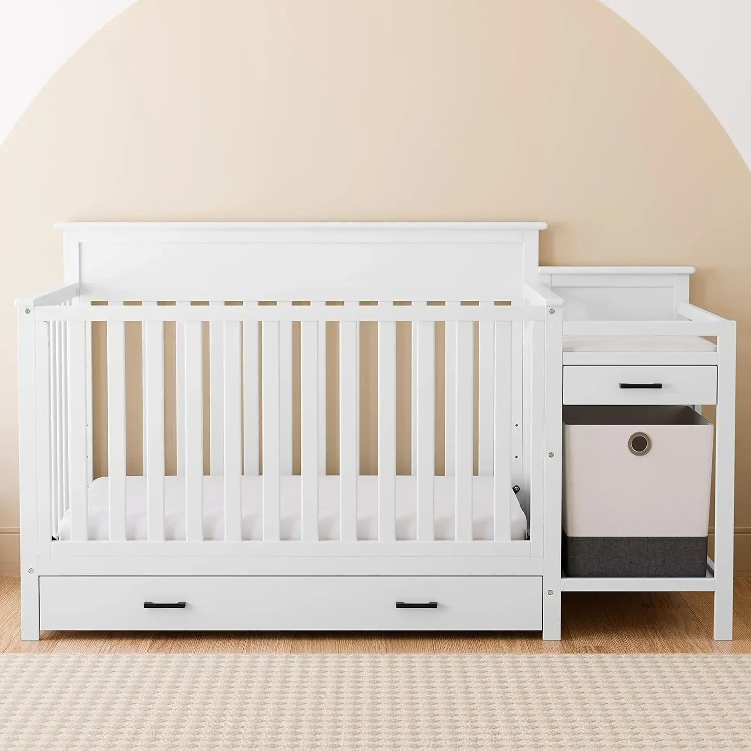 Storkcraft Arizona All-in-One Convertible Full-Size Under (White) - Crib Storage Drawer and Changer, Bonus Portable Hamper for L