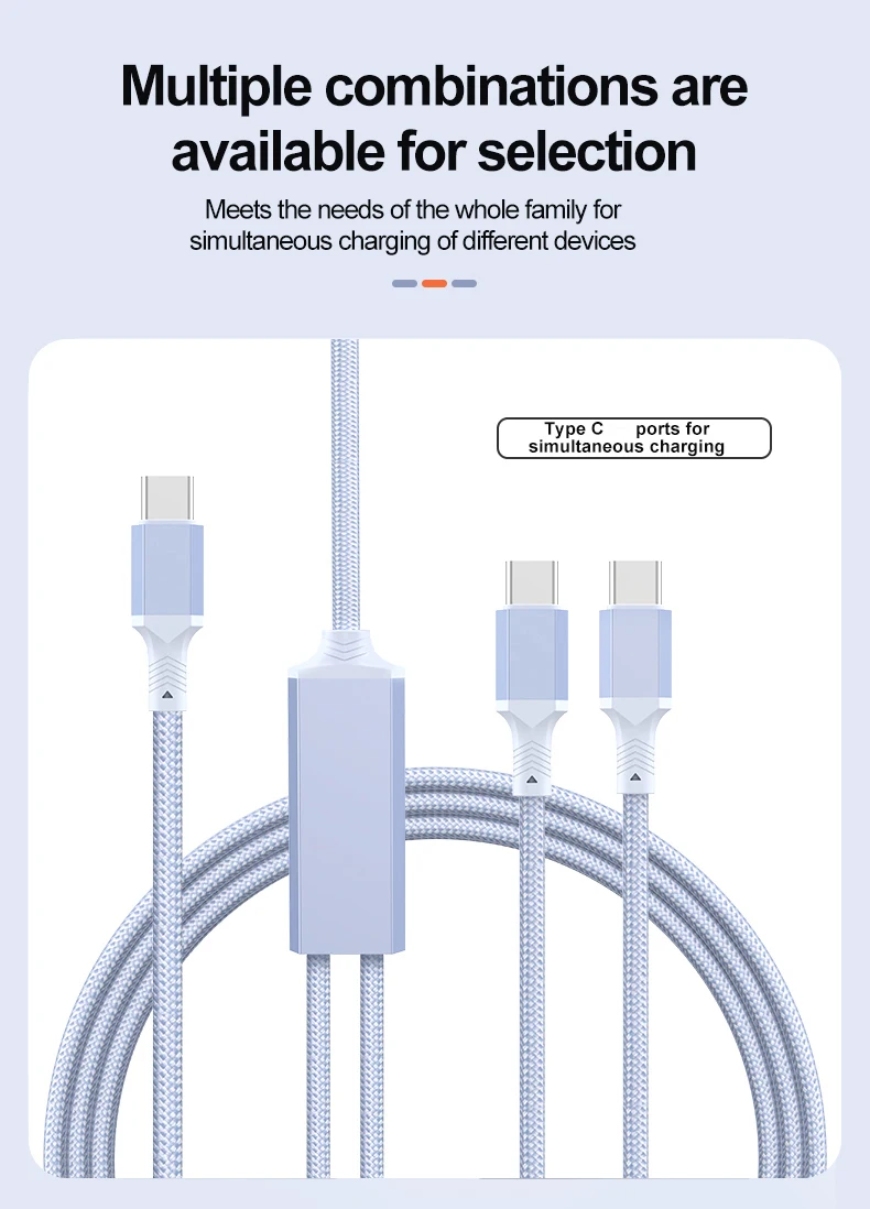 2 in 1 USB C to Dual Type C PD Fast Charging Data Cable,Multi Functional Braided Cord for iPhone 17/17Pro/16 Max Series,Samsung