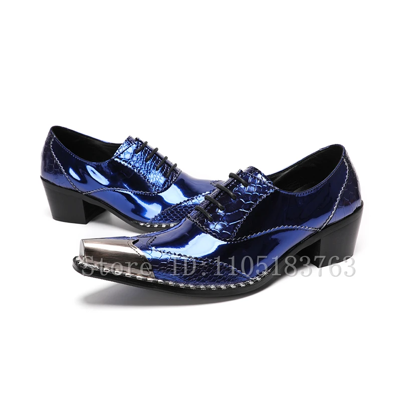Men Metallic Blue Patent Leather Oxford Shoes Metal Pointed Toe Chunky Block Heel Rivet Trim Dress Shoes for Party Club Dress