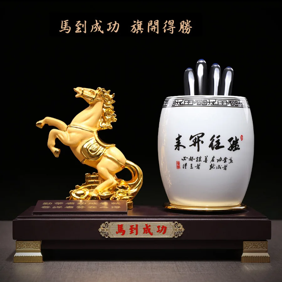 2022 Company home shop thriving business Money Good luck Fortune Success gold horse brass Sculpture office pen holder Ornament