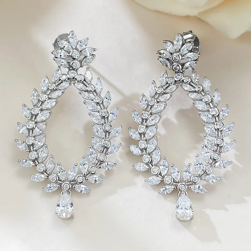 

Luxury Flower Lab Diamond Dangle Earring 100% Real 925 sterling silver Jewelry Engagement Wedding Drop Earrings for Women