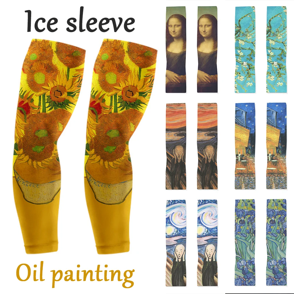 Manicotti per pittura a olio alla moda, protezioni per le braccia estive da donna, maniche per le mani in ghiaccio, maniche per protezione solare con stampa da viaggio per ciclismo all'aperto