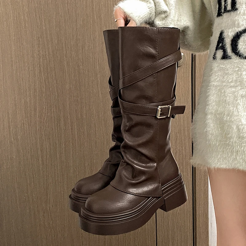Vintage Starke Ferse Frauen Ritter Lange Stiefel Fashion Slip Auf Kniehohe Booties Herbst Winter Schuhe Zapatos De Mujer