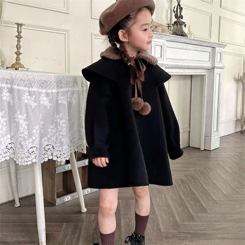 Girls Woolen Coat Jacket Windbreak 2023 Fuzzy Warm Thicken Winter Cotton Overcoat Teenagers Children\'s Clothing