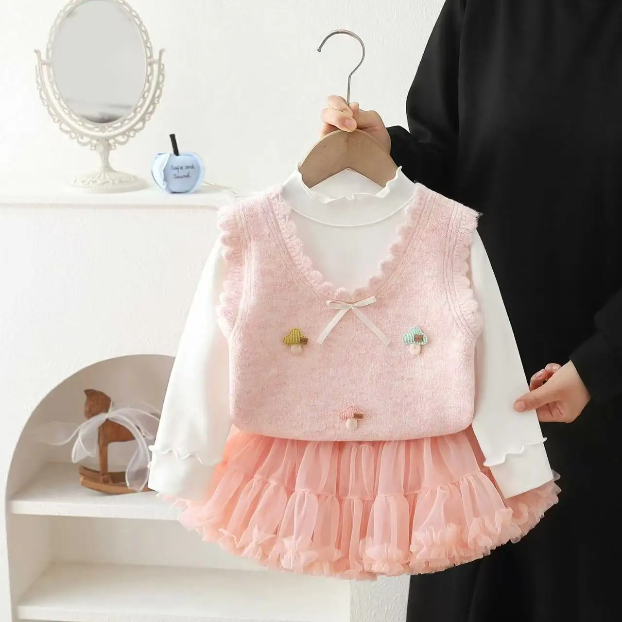 Spring Autumn Little Girls 3 PCS Knit Outfit Kids Knitted Vest Sleeveless Waistcoat Matching Knitting Skirt Set for 90-130cm