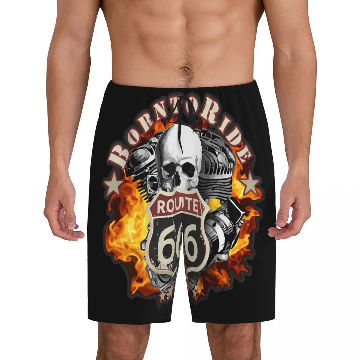 Men Born To Ride Skull Pajama Shorts Custom Print Route 66 Sleep Pjs Sleepwear Bottoms with Pockets