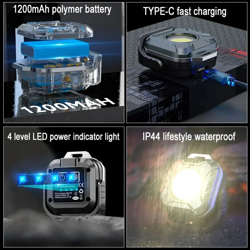 Super Bright Pocket COB Lamps Keychain Flashlight USB Rechargeable 6 Modes Mini Portable Work Light with Magnet Outdoor Camping