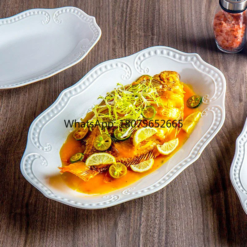 Embossed beaded edge ceramic dinnerware set - western food & dessert plates, ceramic oval fish plate