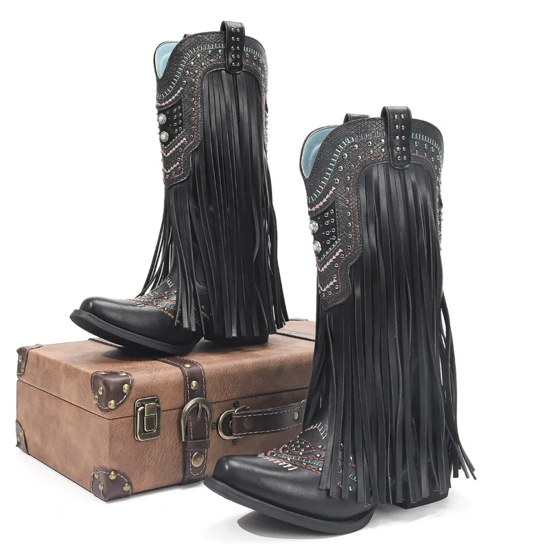 

2025 New women's leather rivet fringed mid-calf boots women's embroidery thick high heels western Fashion boots botas para mujer