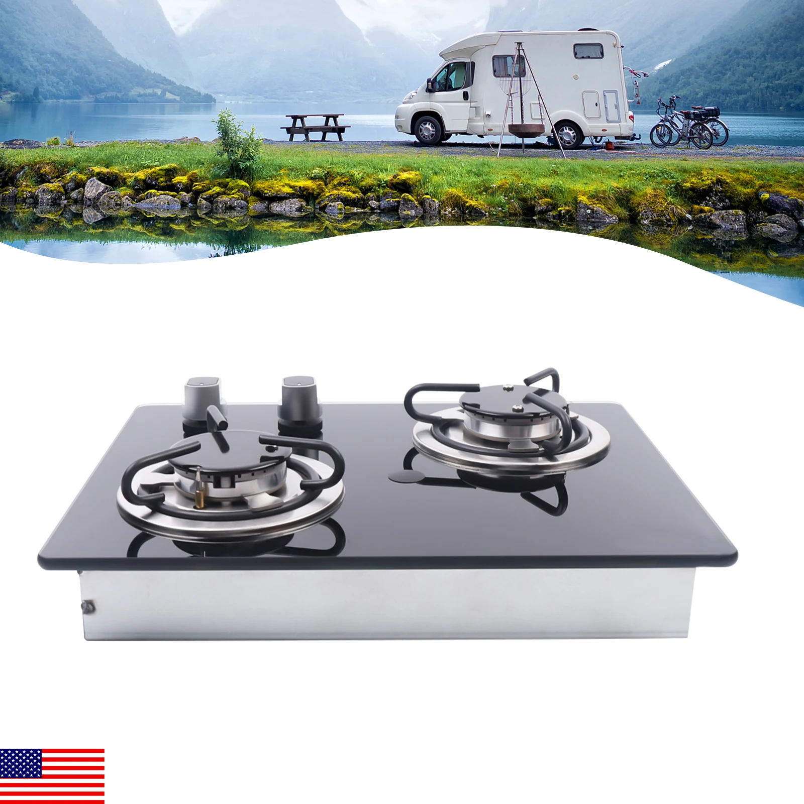موقد غاز RV موقد غاز 2 شعلات 2*1.8KW قوة الزجاج المقسى لوحة غاز كوك العلوي لتخييم القافلة
