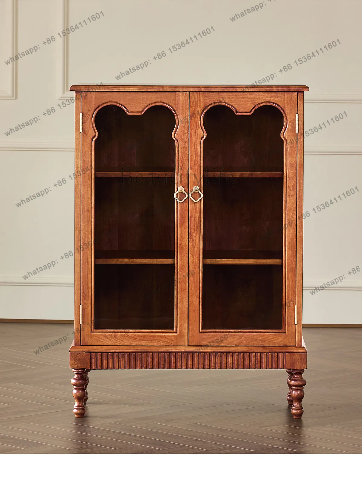 

French retro cherry wood dining side entrance cabinet modern simple living room solid wood display glass decorative wine cabinet