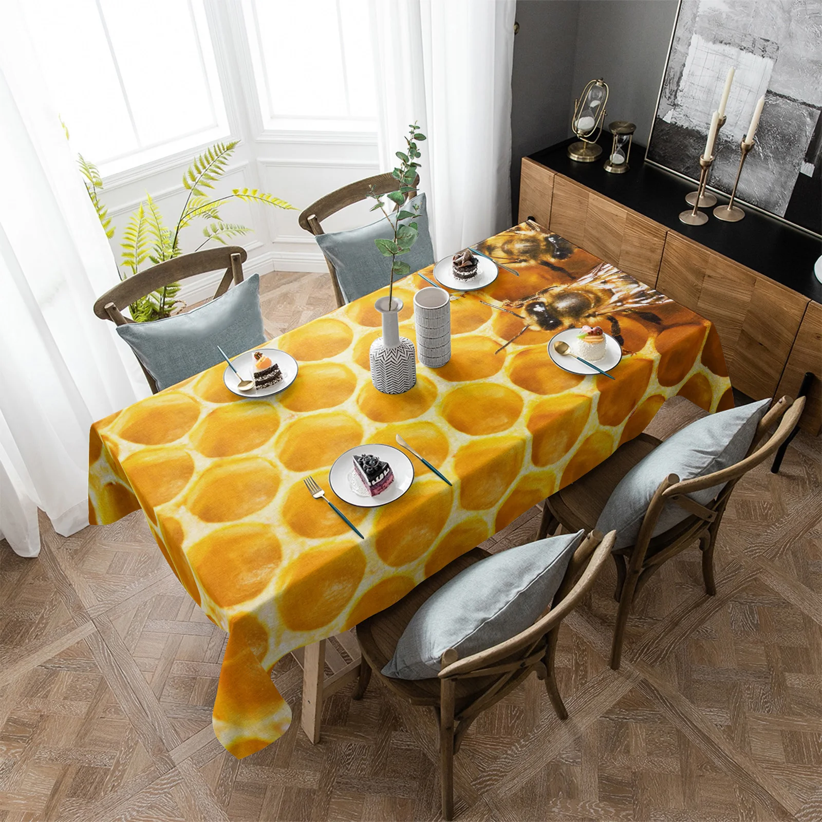 Yellow Bee Hive Pattern Waterproof Tablecloth Rectangular Table Cloth Dining Coffee Table Cover Kitchen Decor