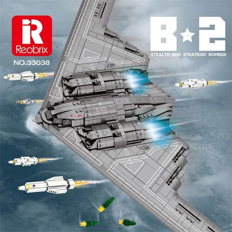 Bloques de construcción de bombardero Reobrix 33038 Stealth B-2: modelo de avión militar avanzado, rompecabezas desafiante para jóvenes