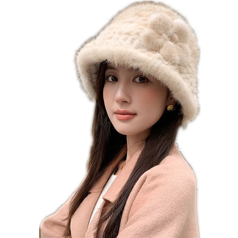 

Fashion Real Mink Fur Bucket Hat for Women Outdoor Winter Warm Knit Cap with Flower for Girl