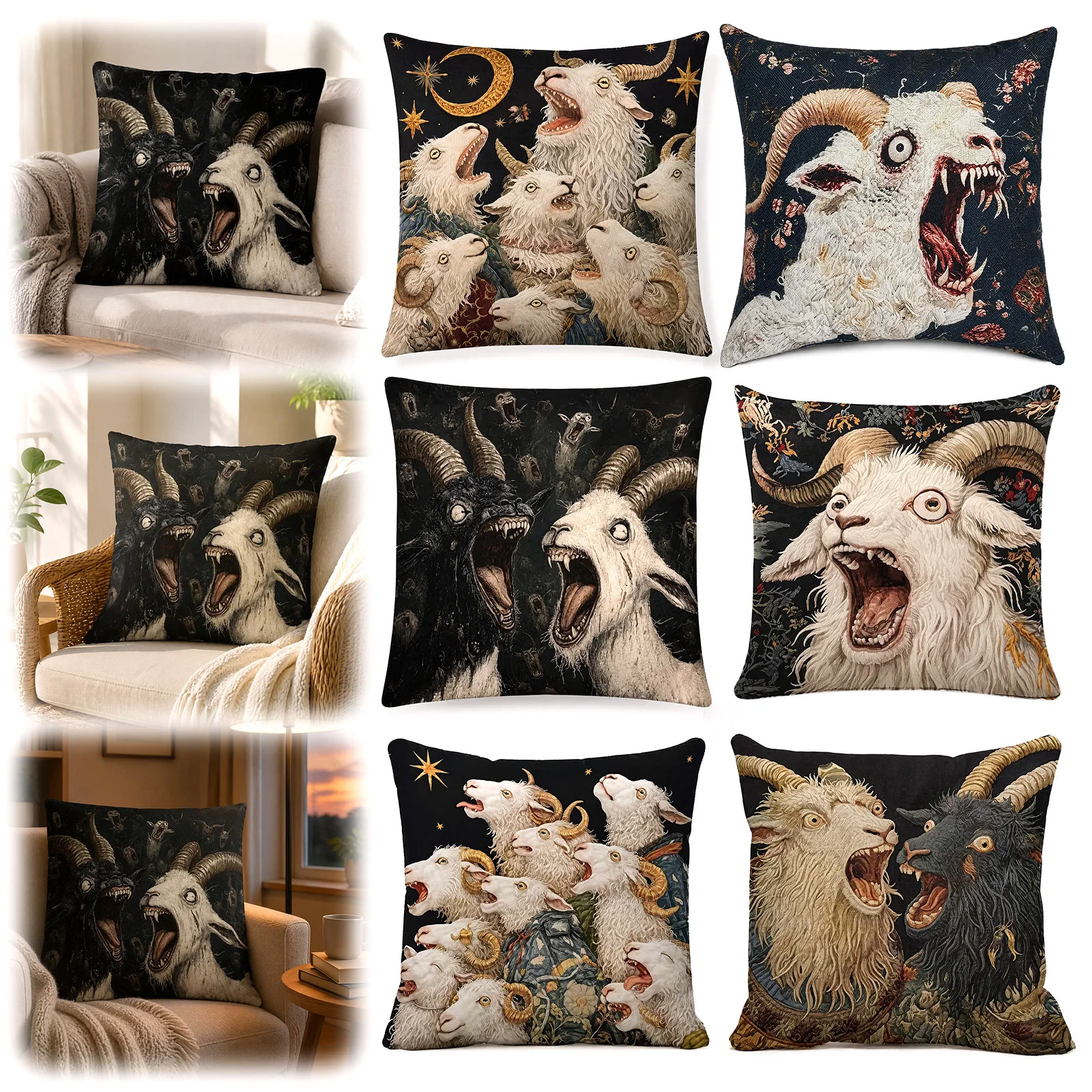 Screaming Goats Pillow Cover Washable Goat Printed Pillow Cover Goat Print Cushion Sleeve for Home Sofa Living Room Decoration