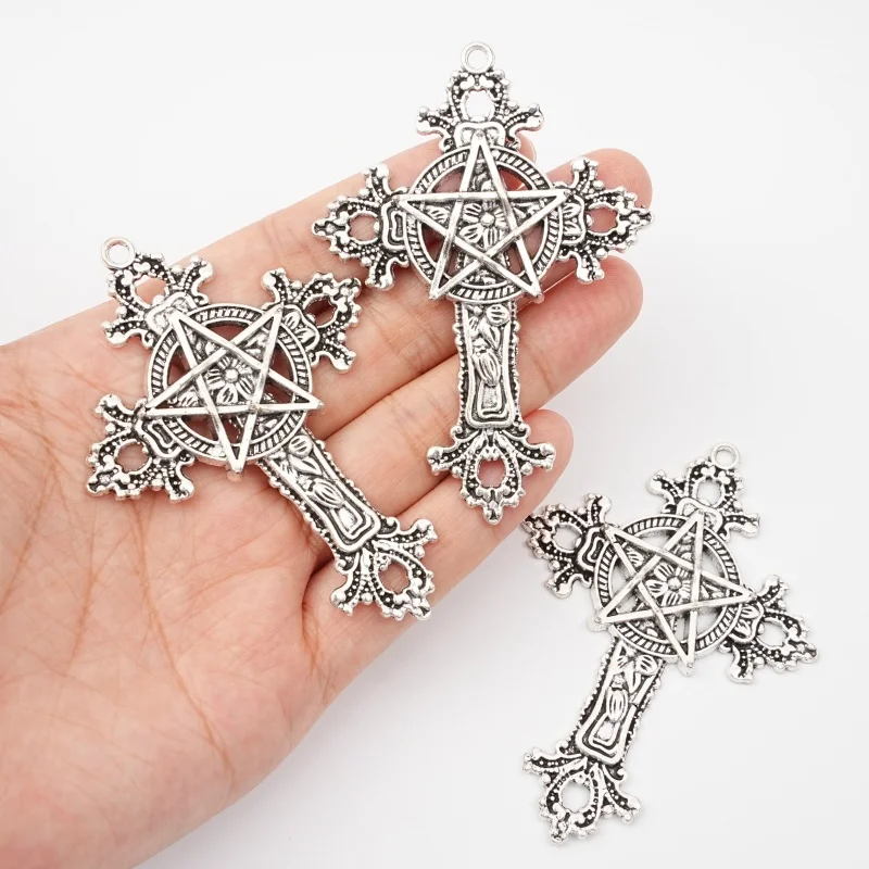 2Pcs Gothic Silver Wire Pentagram Cross Pendant Necklace Earrings Bracelet Jewelry Making Accessories